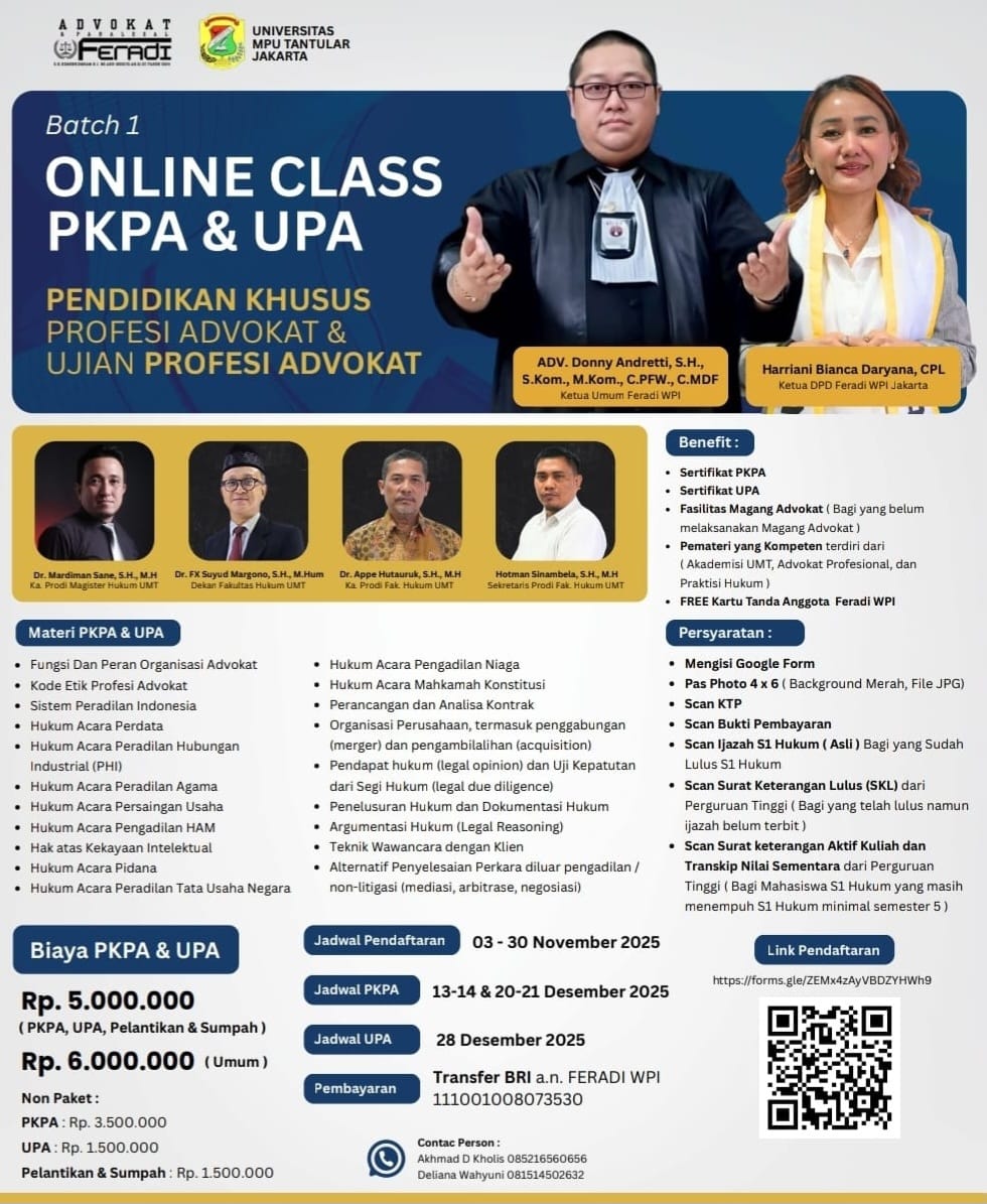 Feradi WPI DPD JAKARTA Gelar Online Class Batch 1: Pendidikan Khusus Profesi Advokat (PKPA) & Ujian Profesi Advokat (UPA)