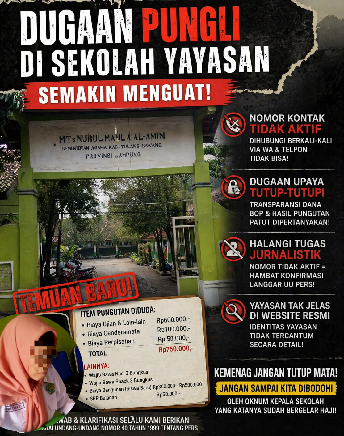Diduga Semakin Menguat! Dugaan Pungli di Sekolah Yayasan Menggala, Nomor Kontak Tak Aktif Saat Dikonfirmasi