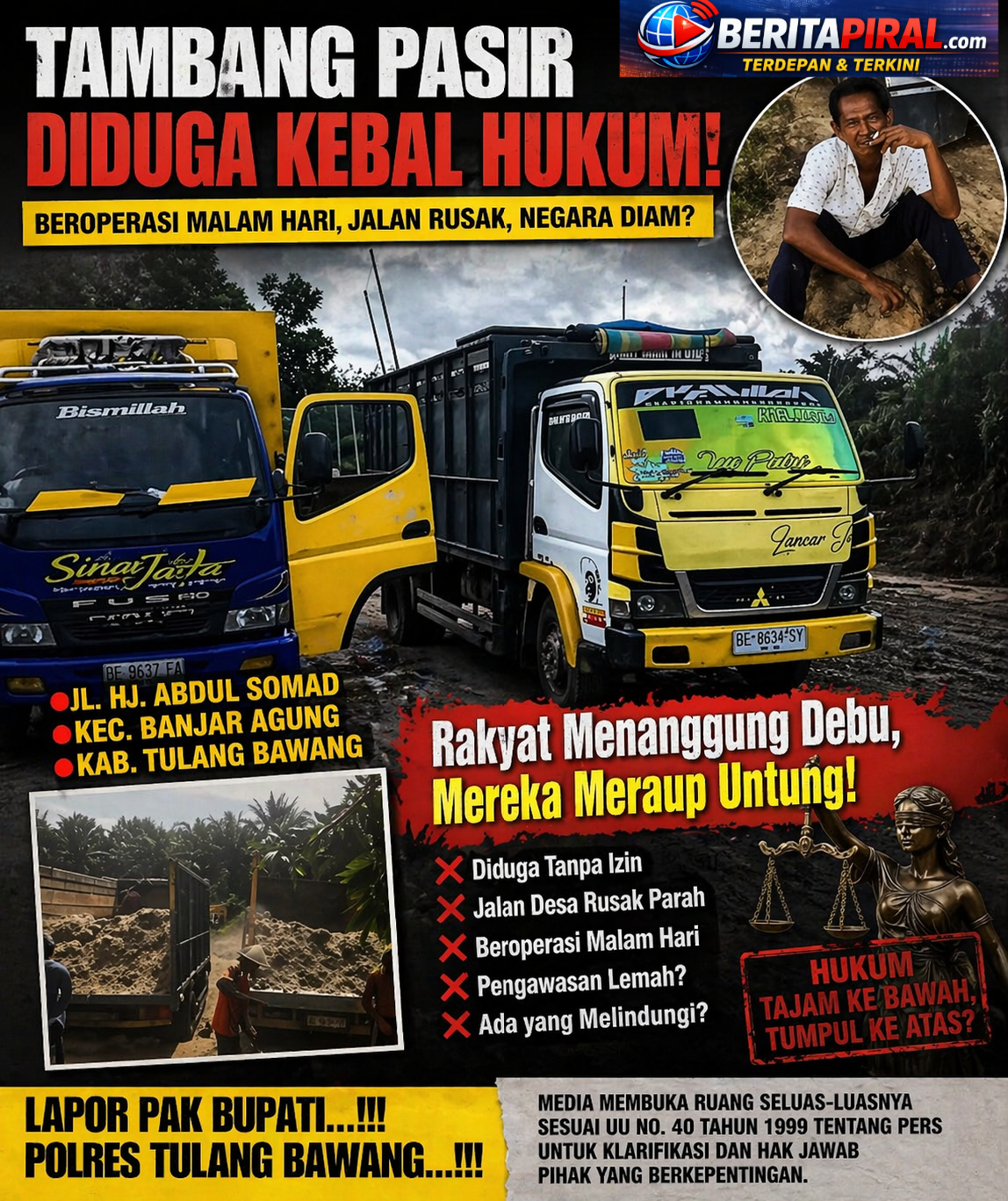 Lapor Pak Bupati…!!! Polres Tulang Bawang…!!! Tambang Pasir Diduga Kebal Hukum, Kini Beroperasi Malam Hari di Jl. Hj. Abdul Somad Banjar Agung