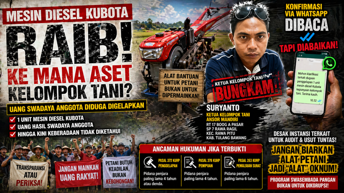 Diduga Mesin Diesel Kelompok Tani “Raib”, Ketua Ansor Mandiri Bungkam Saat Dikonfirmasi