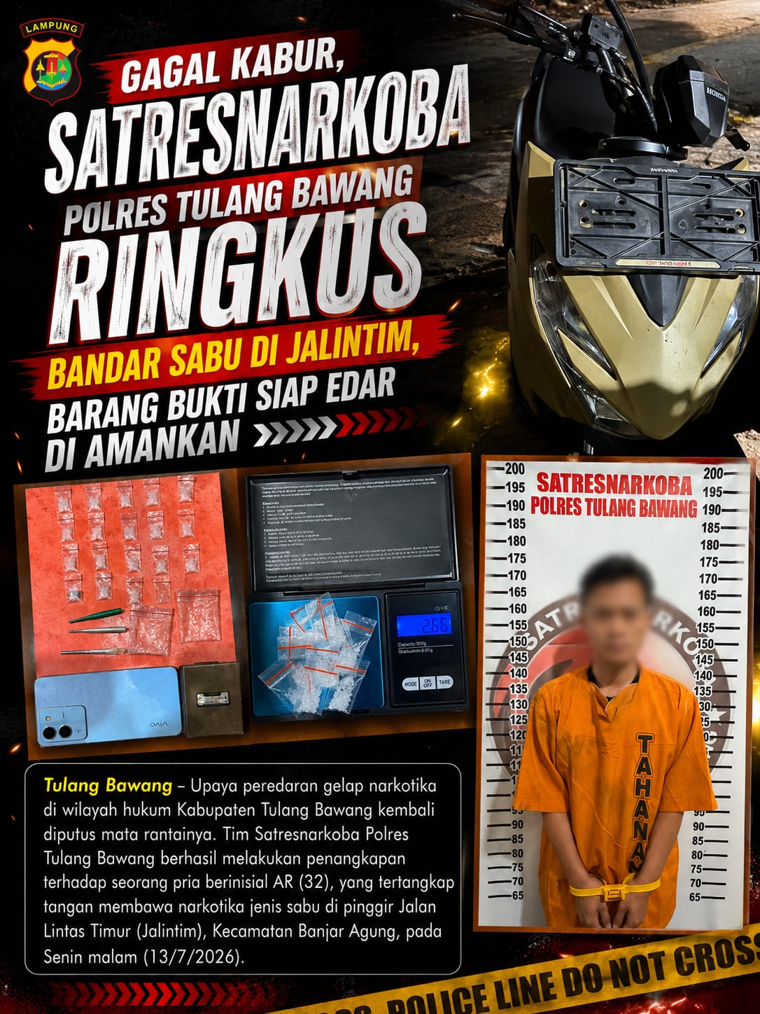 Gagal Kabur, Satresnarkoba Polres Tulang Bawang Ringkus Bandar Sabu Di Jalintim, Barang Bukti Siap Edar Di Amankan 