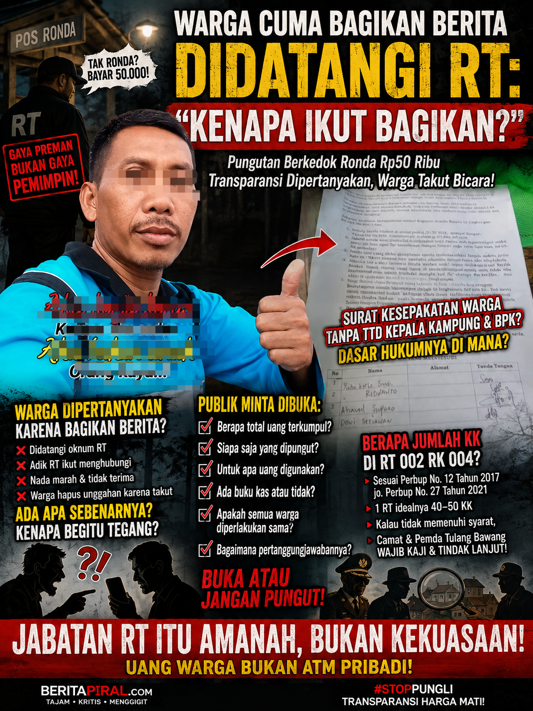 WARGA CUMA BAGIKAN BERITA, MALAH DIDATANGI RT: “KENAPA IKUT BAGIKAN?”     Polemik Iuran Ronda Rp50 Ribu di Banjar Baru Makin Melebar, Publik Tagih Transparansi Uang Warga