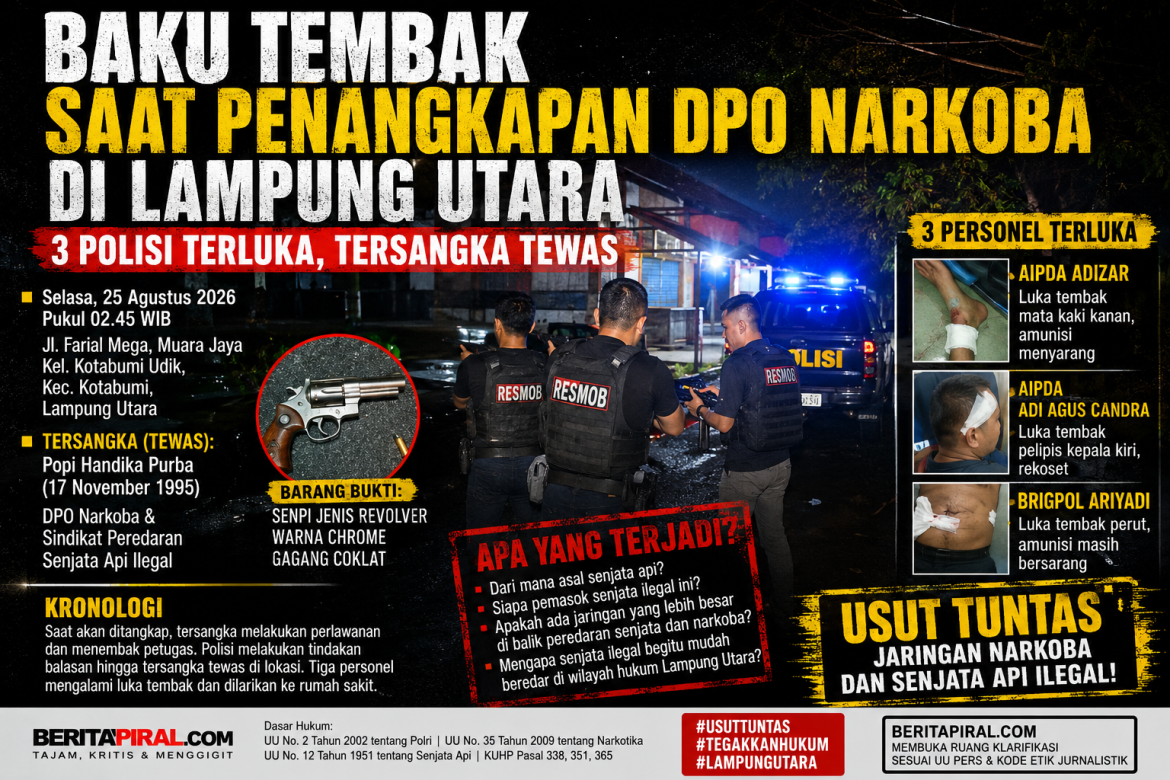 Baku Tembak Saat Penangkapan DPO Narkoba di Lampung Utara, Tiga Polisi Terluka, Tersangka Tewas
