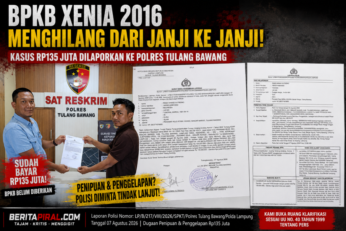 BPKB Xenia 2016 Menghilang dari Janji ke Janji, Kasus Rp135 Juta Dilaporkan ke Polres Tulang Bawang