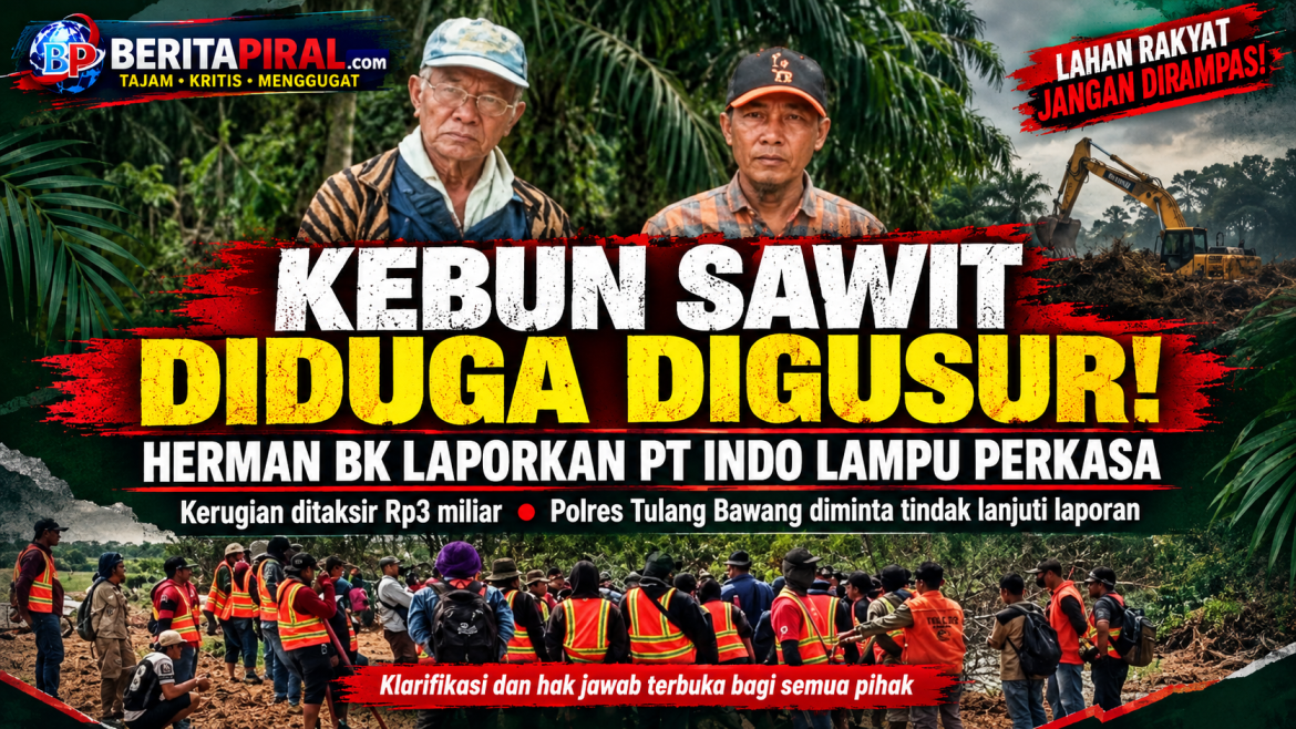 DIDUGA KEBUN SAWIT DIGUSUR, HERMAN BK LAPORKAN PT INDO LAMPU PERKASA KE POLRES TULANG BAWANG, KERUGIAN DISEBUT CAPAI Rp3 MILIAR